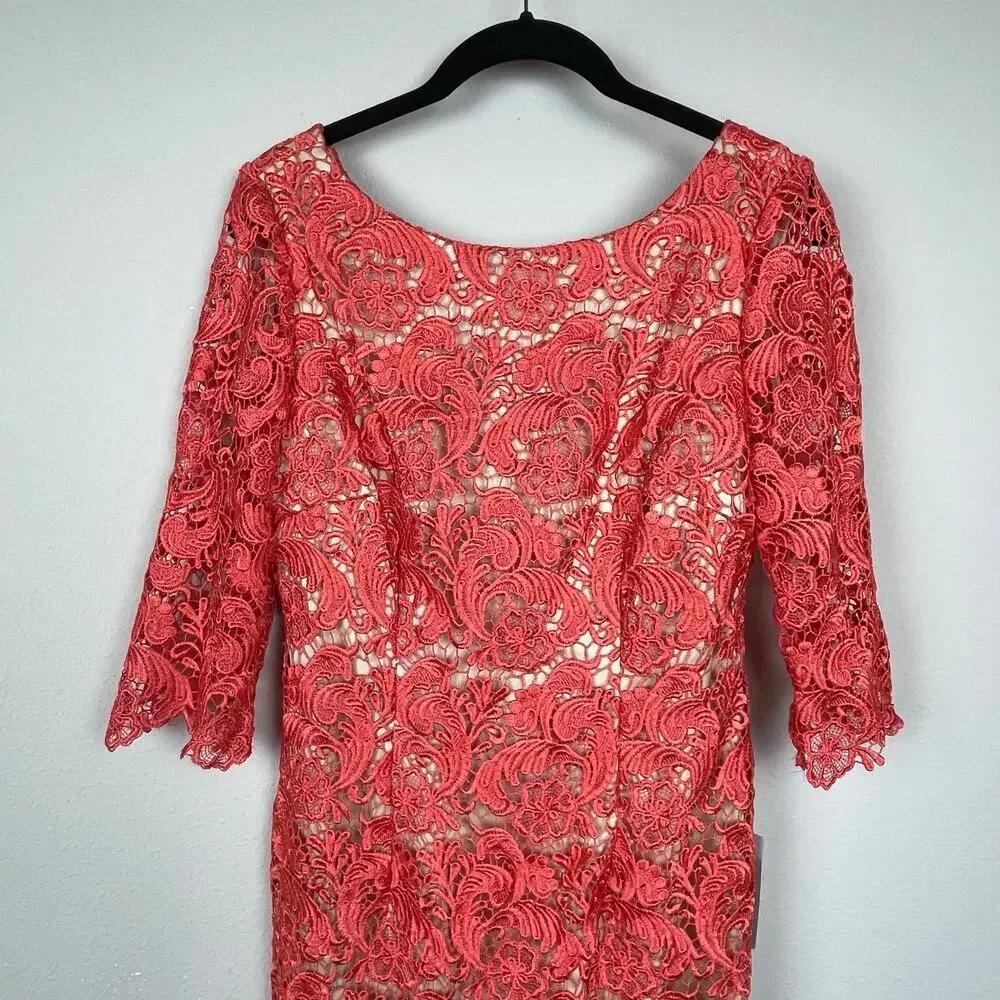 Eliza J Orange Lace Nude Lining Sheath Cocktail 3/4‎ Sleeve Boat Neck Dress Sz 6